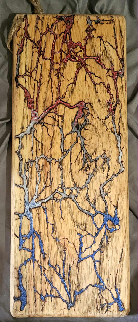 20)   19 1/2" x 7" Solid Oak Reversible Serving / Charcuterie / Bread Board- Sparkling Red, White, and Blue - Fractal Burned - Food Safe