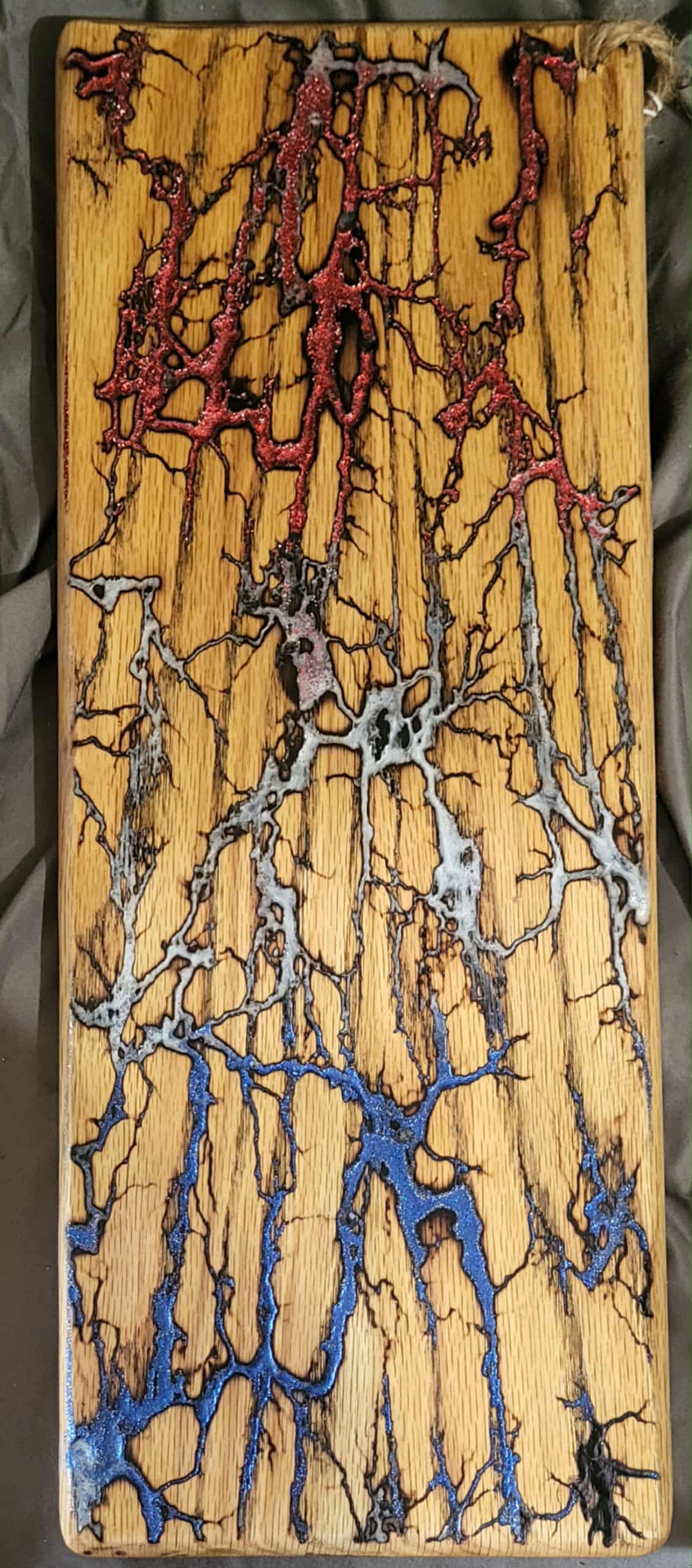 21)   19 1/2" x 7" Solid Oak Reversible Serving / Charcuterie / Bread Board- Sparkling Red, White, and Blue - Fractal Burned - Food Safe