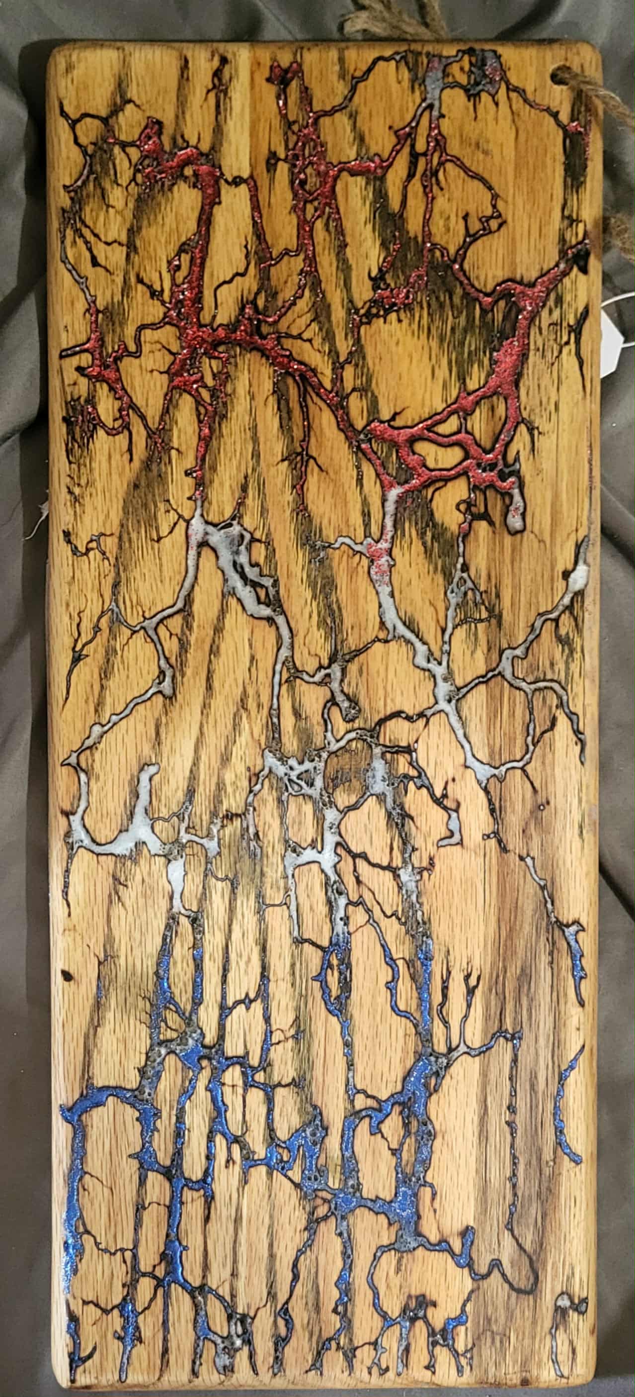 22)   18"x8" Solid Oak Reversible Serving / Charcuterie / Bread / Cutting Board- Sparkling Red, White, and Blue - Fractal Burned - Food Safe