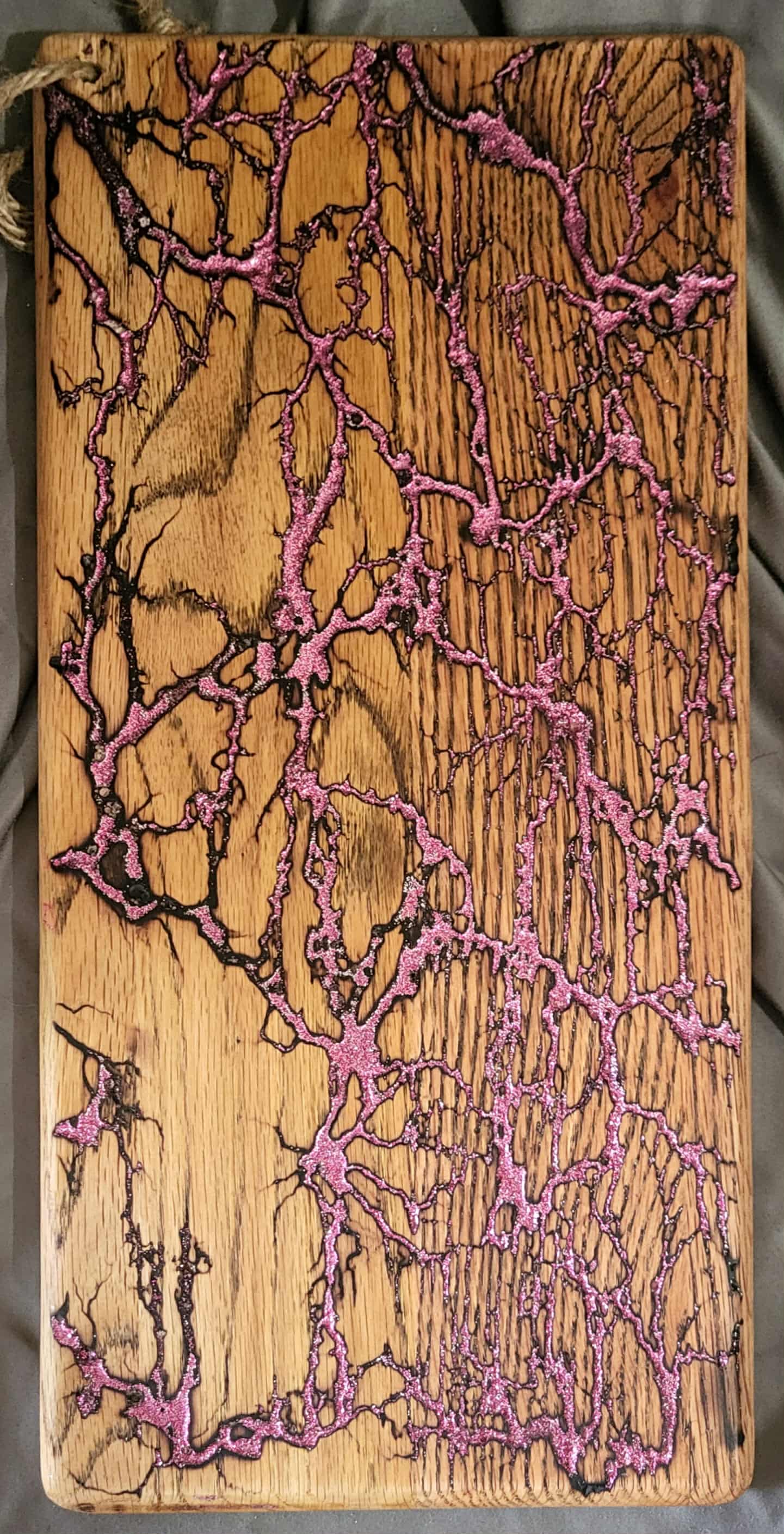 23)   18"x8" Solid Oak Reversible Serving / Charcuterie / Bread / Cutting Board- Sparkling Rose & Violet- Fractal Burned - Food Safe