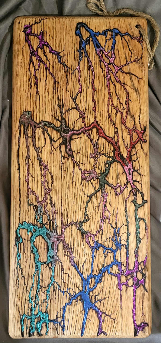 24) 18"x 7 3/4" Solid Oak Reversible Serving / Charcuterie / Bread - Sparkling Multicolored- Fractal Burned - Food Safe