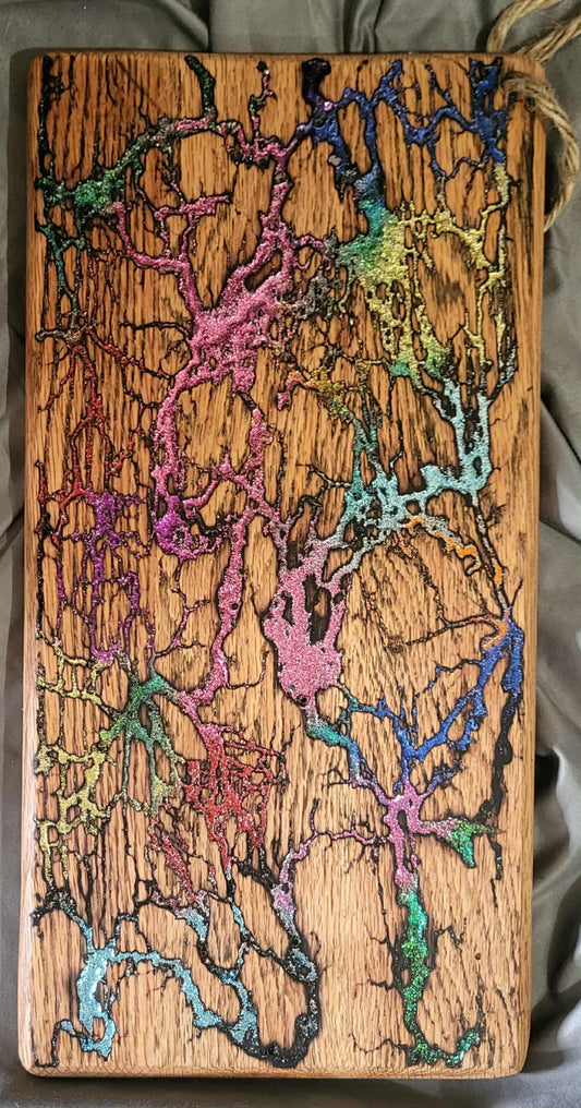 27) 17 3/4"x 8" Solid Oak Reversible Serving / Charcuterie / Bread - Sparkling Multicolored- Fractal Burned - Food Safe