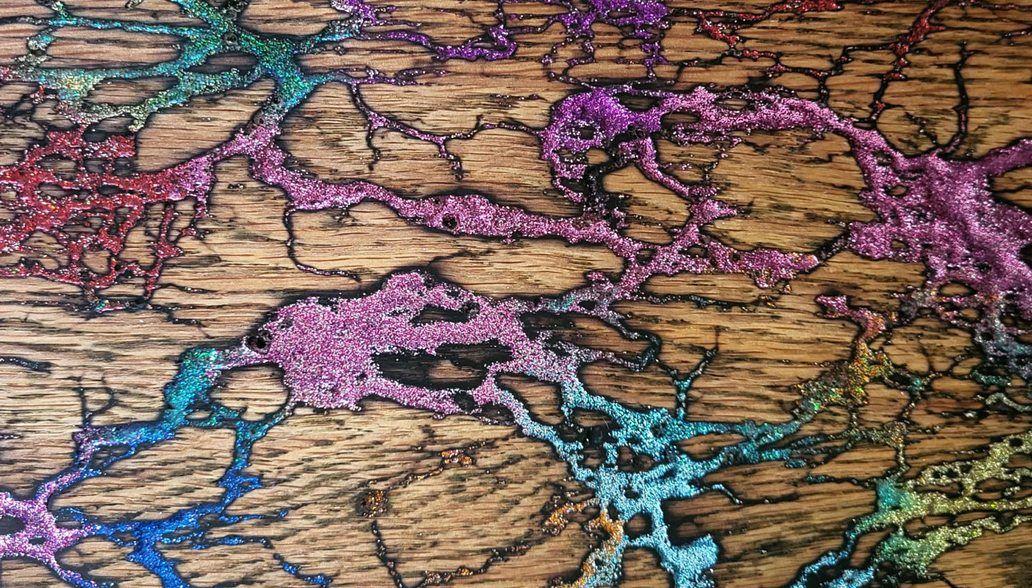 27) 17 3/4"x 8" Solid Oak Reversible Serving / Charcuterie / Bread - Sparkling Multicolored- Fractal Burned - Food Safe