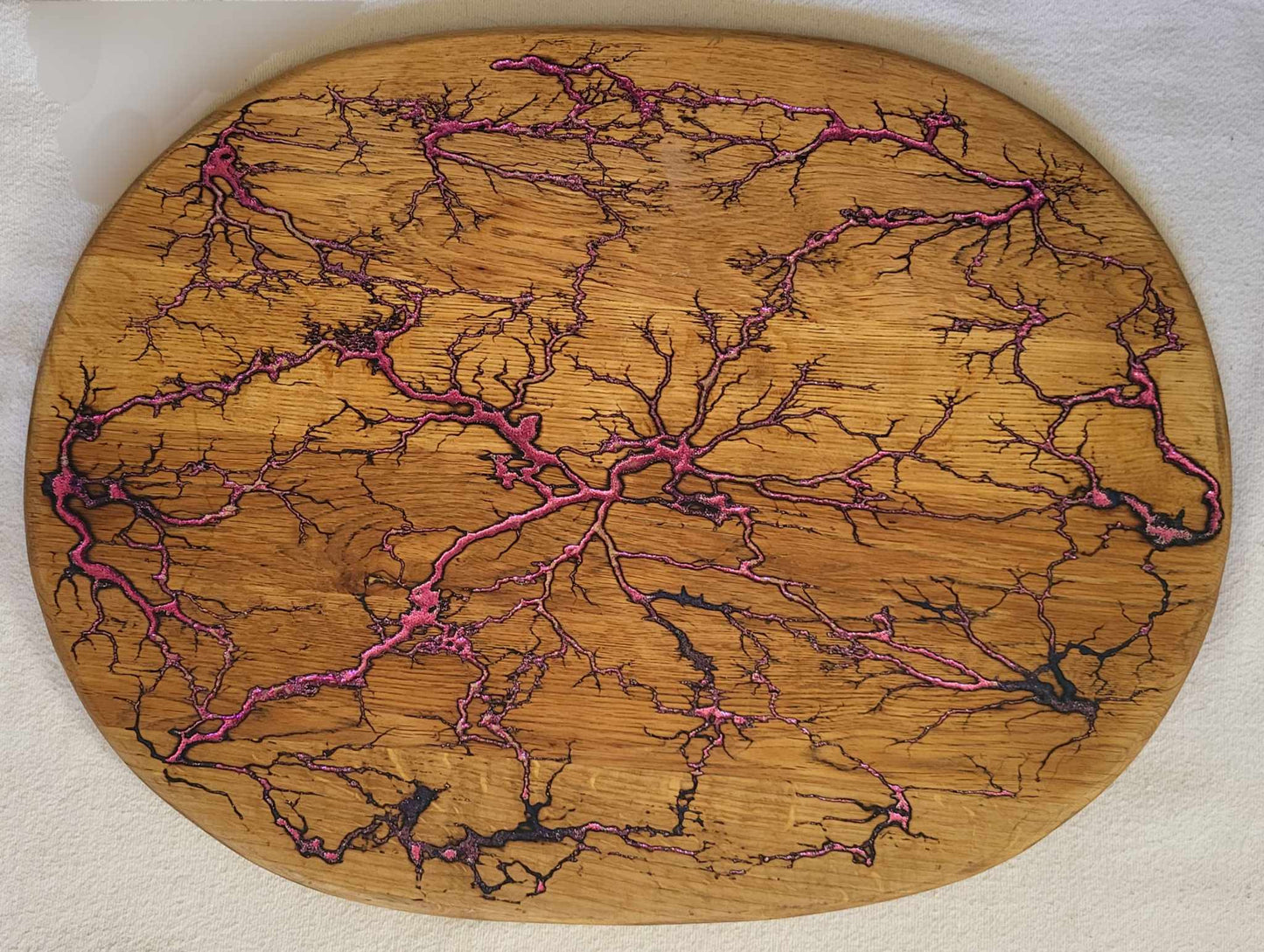 2)  21"x 16" Solid Oak Reversible Serving/Charcuterie/Cutting Board - Sparkling Magenta/Iridescent Silver- Fractal Burned - Food Safe