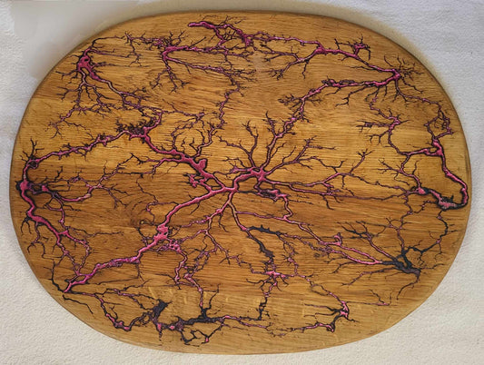 2)  21"x 16" Solid Oak Reversible Serving/Charcuterie/Cutting Board - Sparkling Magenta/Iridescent Silver- Fractal Burned - Food Safe