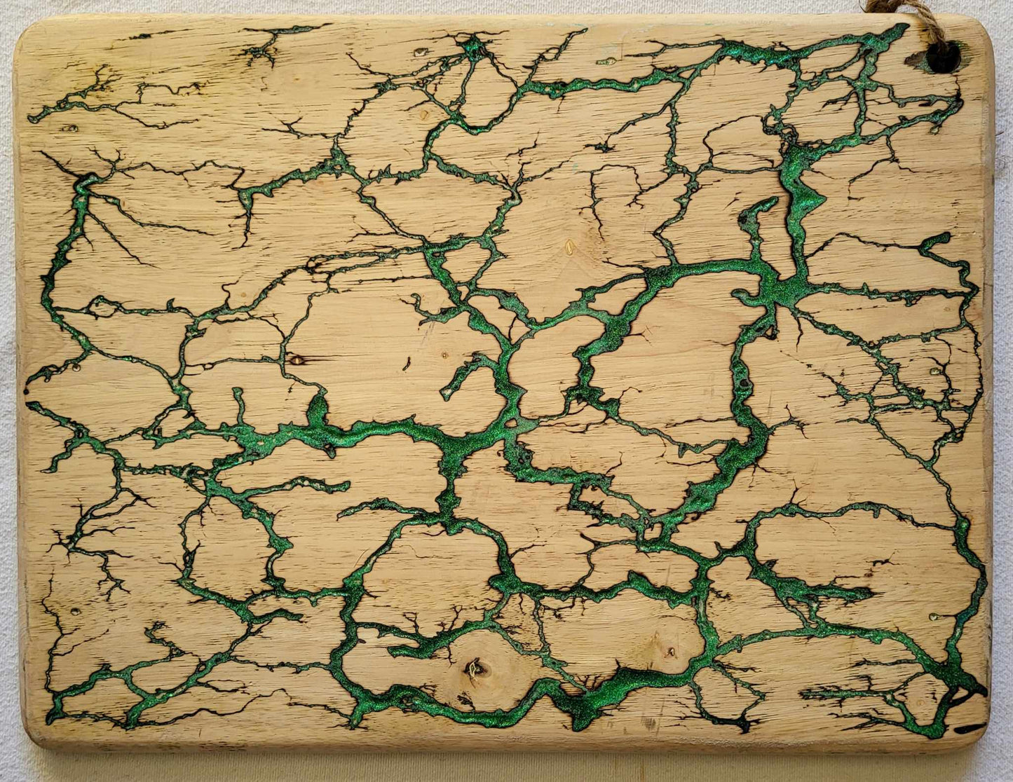 3)   20"x 15 1/2" Reversible Serving / Charcuterie / Bread / Cutting Board- Sparkling Light Teal & Green-Fractal Burned-Food Safe