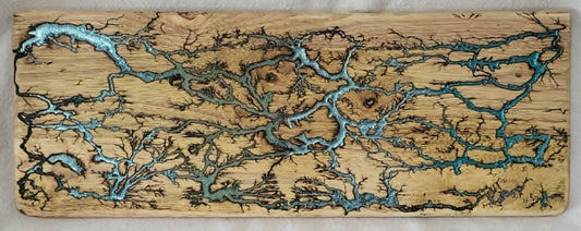 3)   19"x7 1/4" Acacia Wood - Reversible Serving / Charcuterie / Bread / Cutting Board- Sparkling Blues Fractal Burned