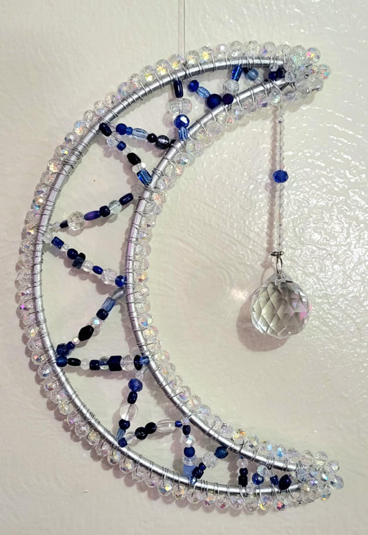 Celestial Crystal Blue Moon Suncatcher with Hanging Prism (Star), Garden Art, Yard Decor, Window Art