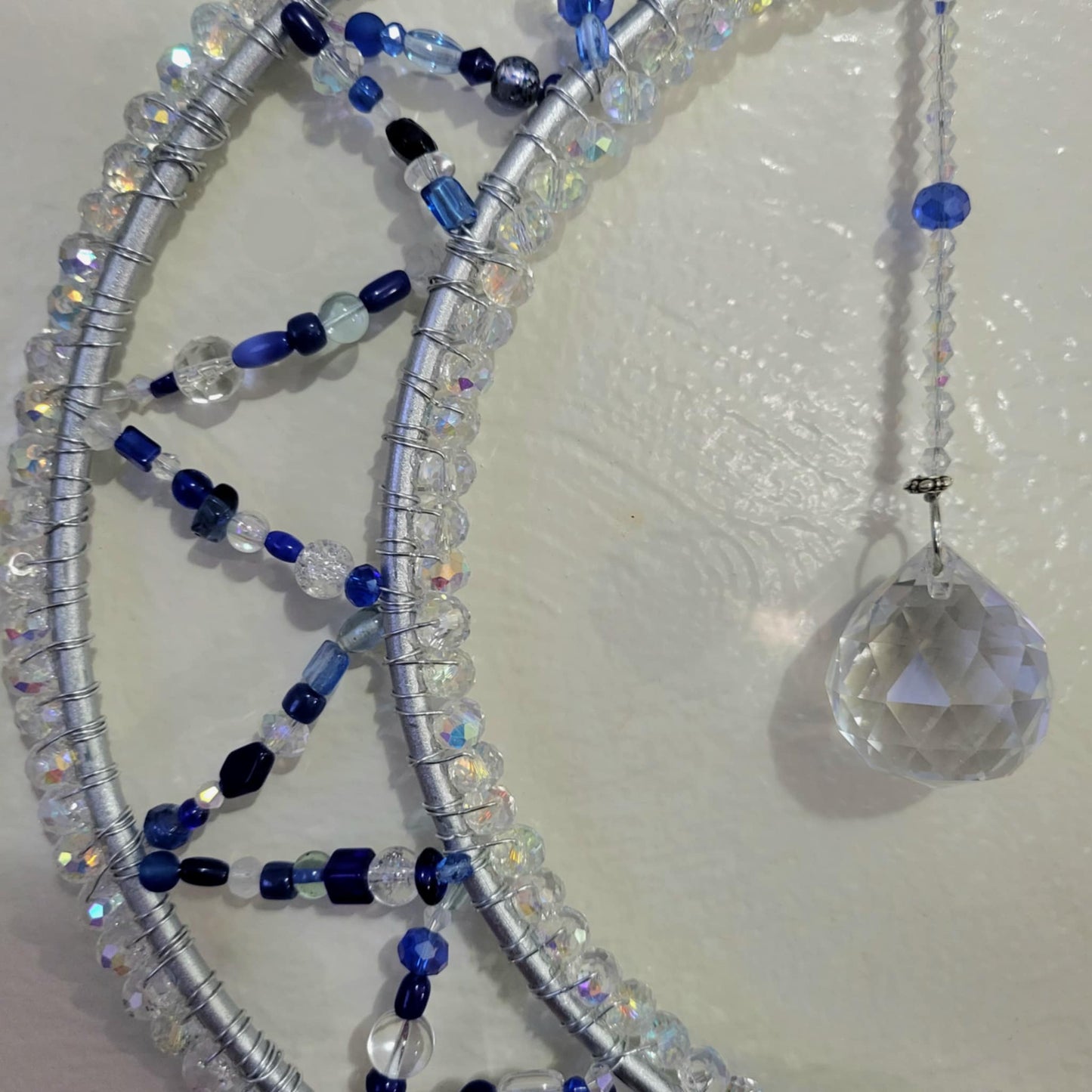 Celestial Crystal Blue Moon Suncatcher with Hanging Prism (Star), Garden Art, Yard Decor, Window Art