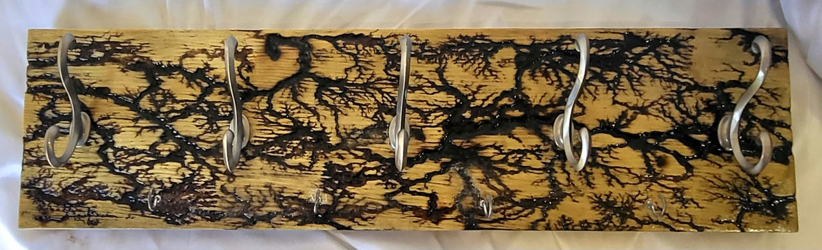 Fractal Burned Coat Rack with Key Holder - 5 Brushed Nickle Hooks 4 Key Hooks