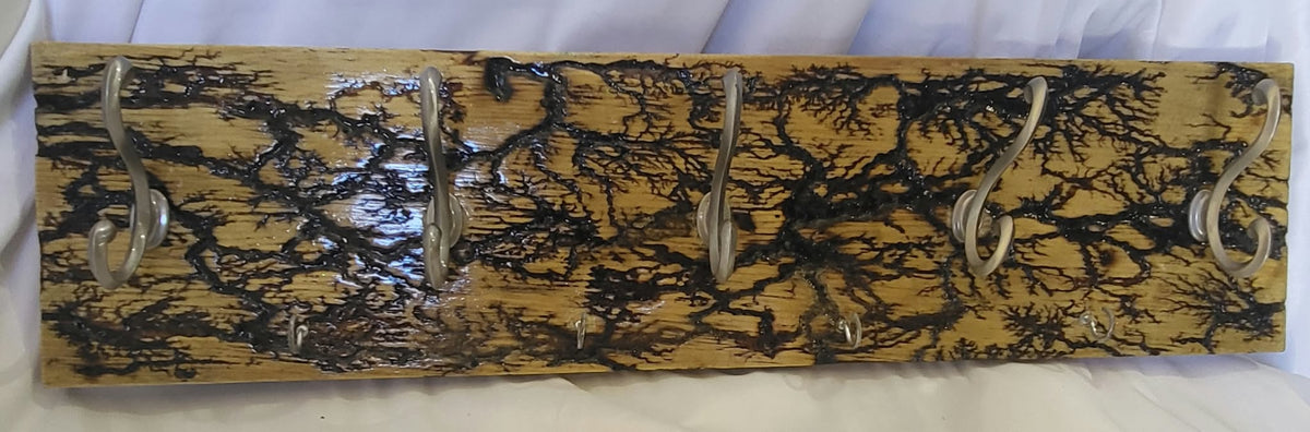 Fractal Burned Coat Rack with Key Holder - 5 Brushed Nickle Hooks 4 Key Hooks
