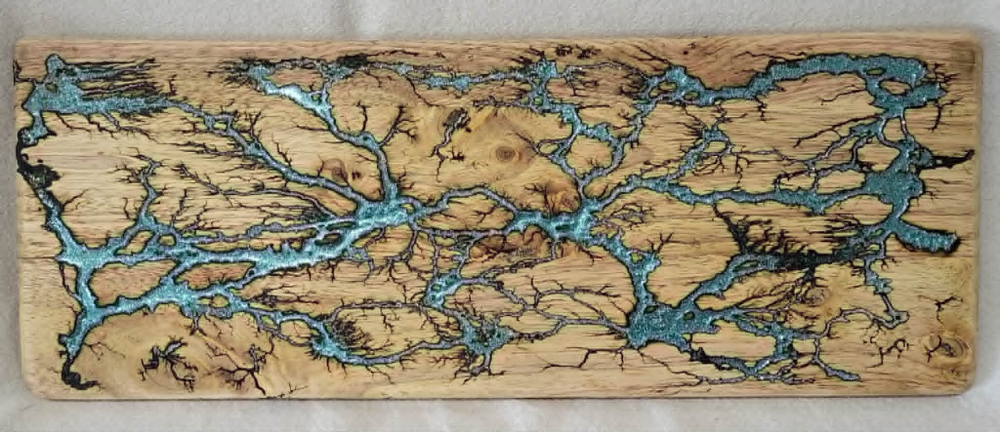 3)   19"x7 1/4" Acacia Wood - Reversible Serving / Charcuterie / Bread / Cutting Board- Sparkling Blues Fractal Burned