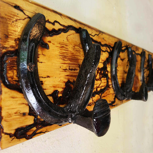 Reclaimed Horseshoe and Railroad Spike - Fractal Burned - Coat & Hat Rack