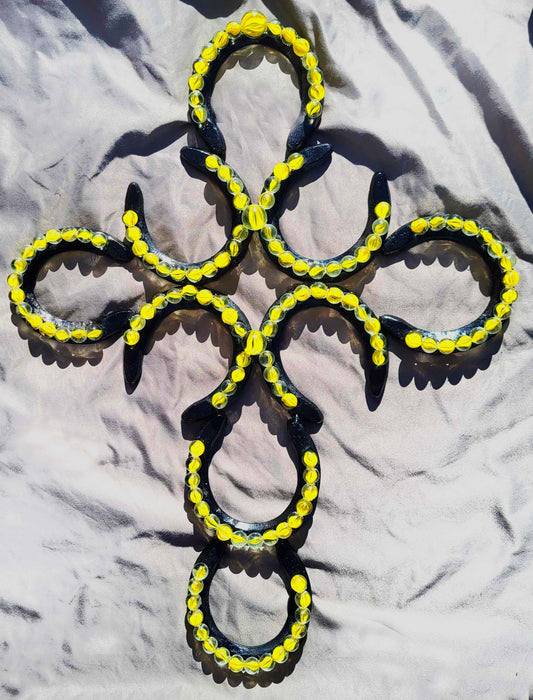 Large Steel Wall Hanging Horseshoe Cross with Cat's Eyes- Color: Black & Yellow