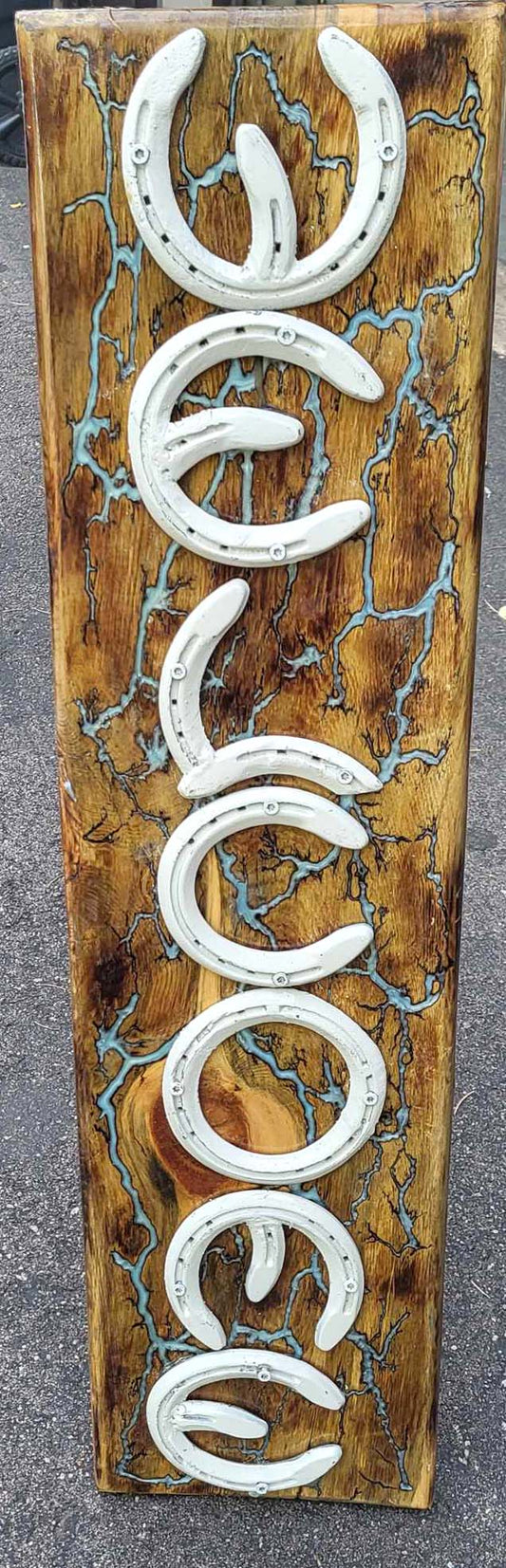 Reclaimed Horseshoe & Fractal Burned Welcome Sign - Silver