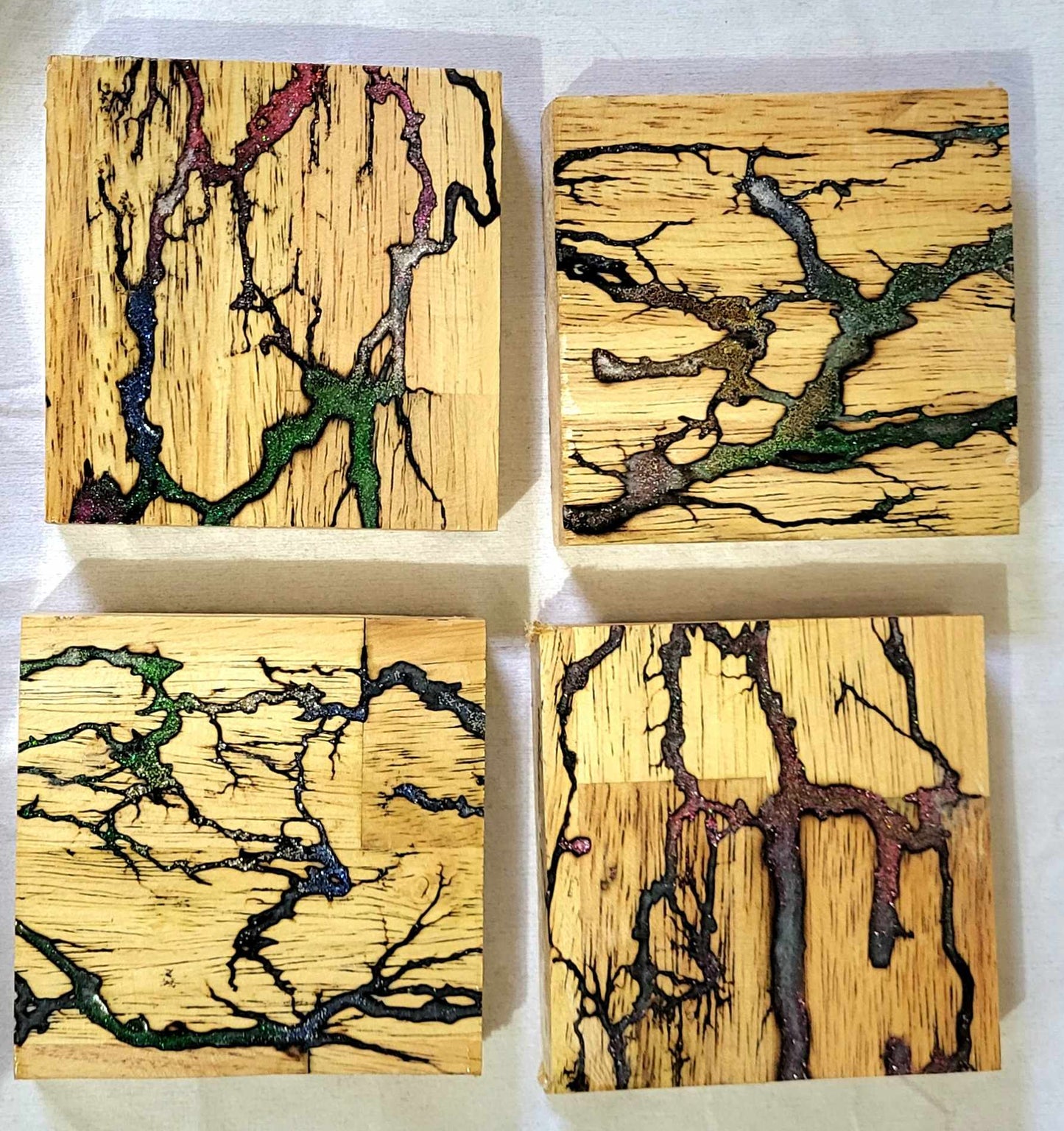 Multicolored - Fractal Burned - 5 Piece Coaster Set - Solid Acacia Wood