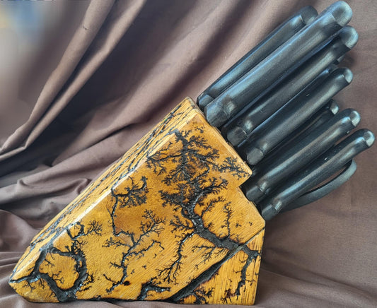 Fractal Burned Knife Block Set with Natural Polyurethane Finish
