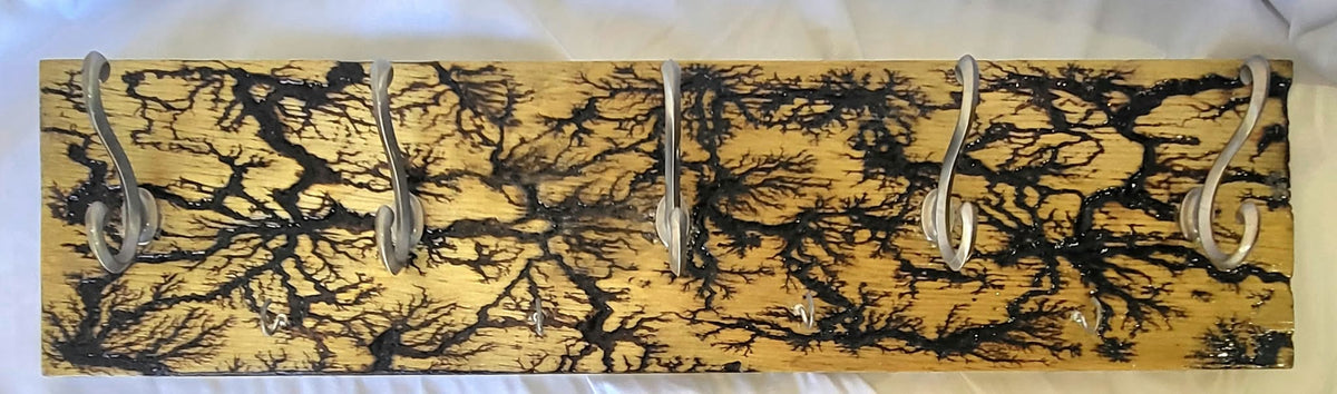4) Fractal Burned Coat Rack with Key Holder - 5 Brushed Nickle Hooks 4 Key Hooks