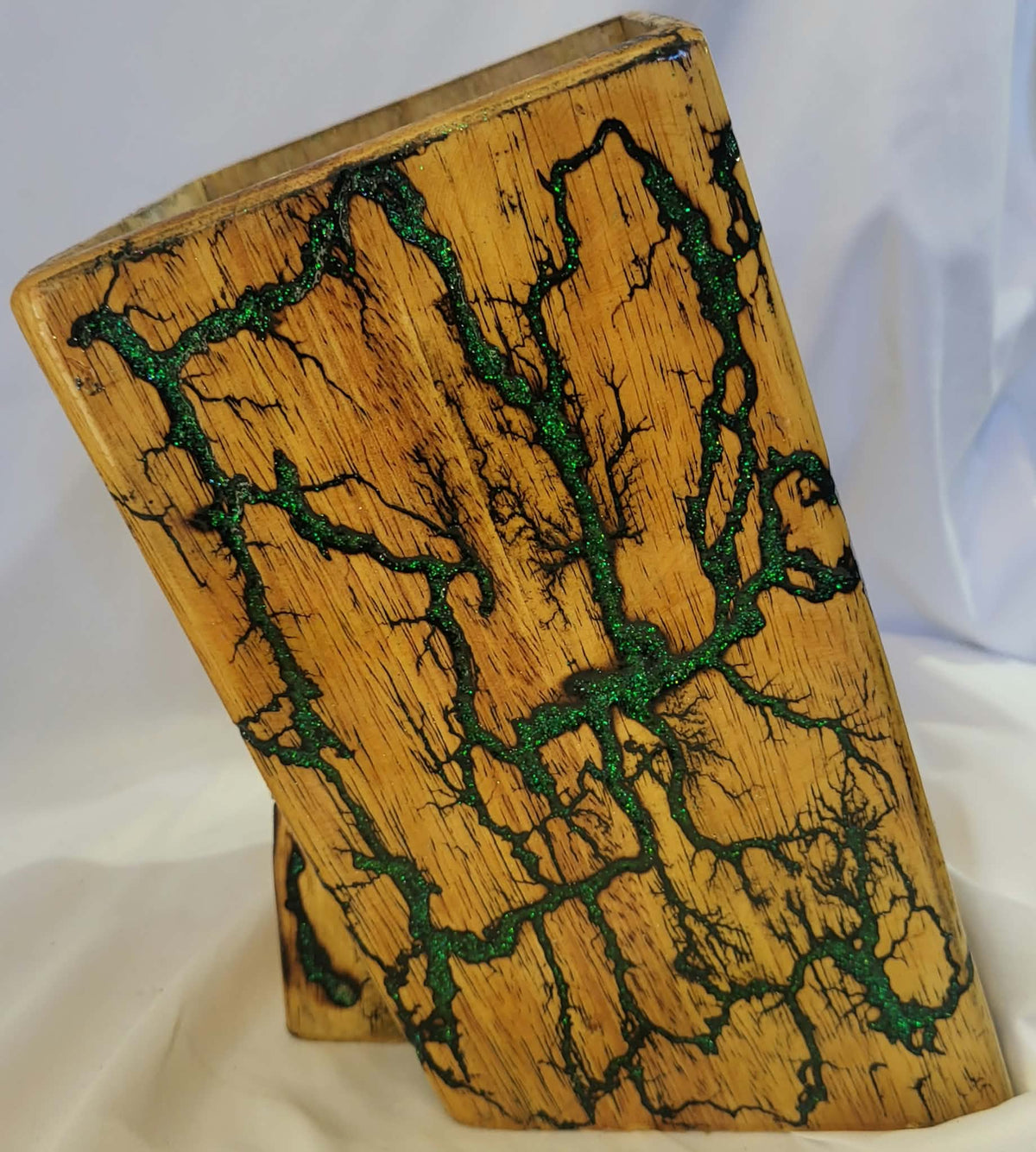 6) Bamboo Universal Fractal Burned Knife Block with Sparkling Emerald Green Resin - Natural Polyurethane Finish