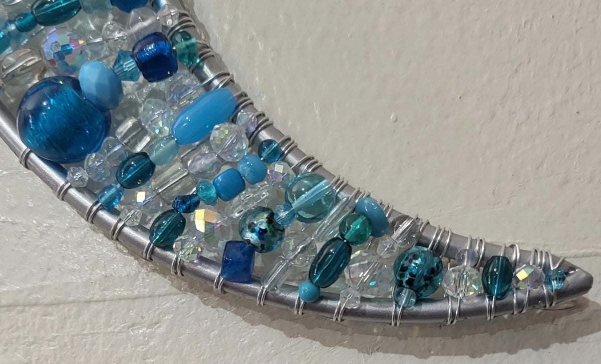 Aqua Blue & Aurora Borealis Beaded Crescent Moon with Hanging 30" Prism