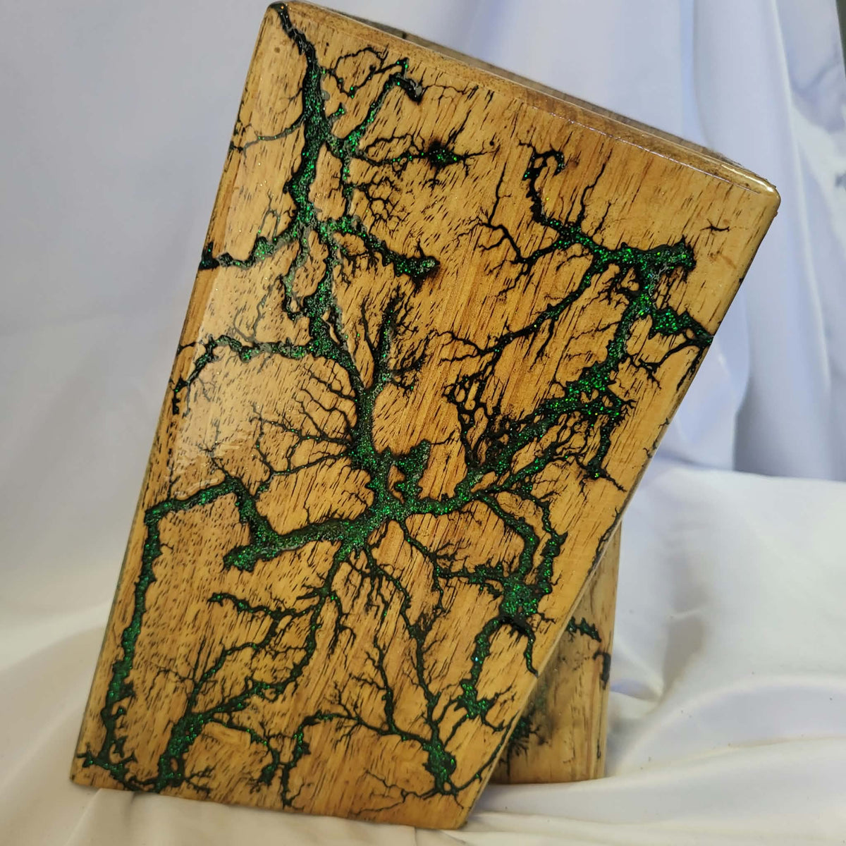 6) Bamboo Universal Fractal Burned Knife Block with Sparkling Emerald Green Resin - Natural Polyurethane Finish