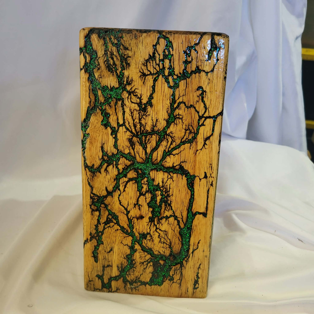 6) Bamboo Universal Fractal Burned Knife Block with Sparkling Emerald Green Resin - Natural Polyurethane Finish
