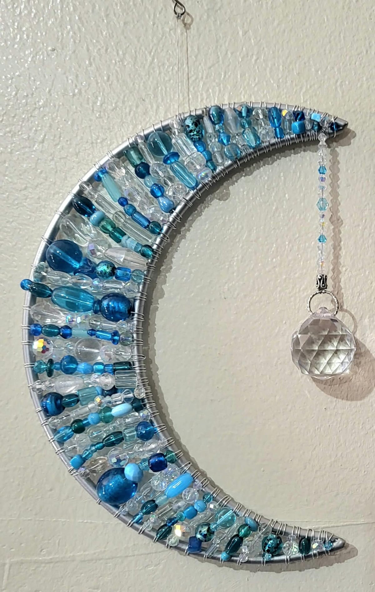 Aqua Blue & Aurora Borealis Beaded Crescent Moon with Hanging 30" Prism