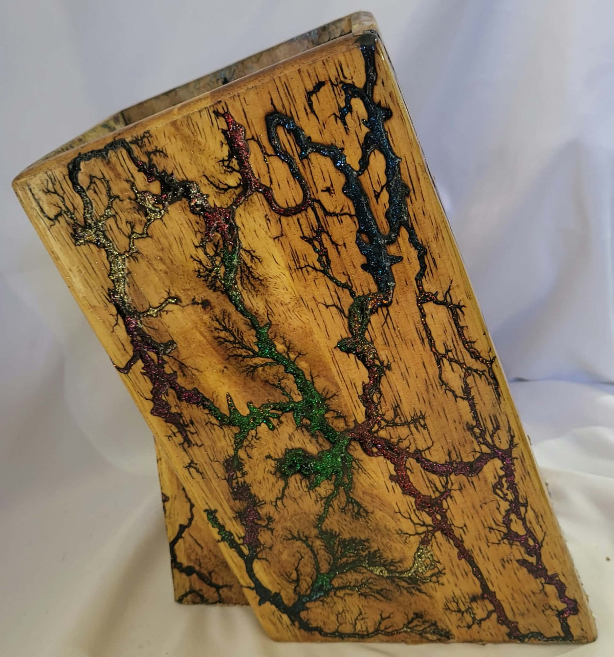 7) Bamboo Universal Fractal Burned Knife Block with Sparkling Multicolored Resin - Natural Polyurethane Finish