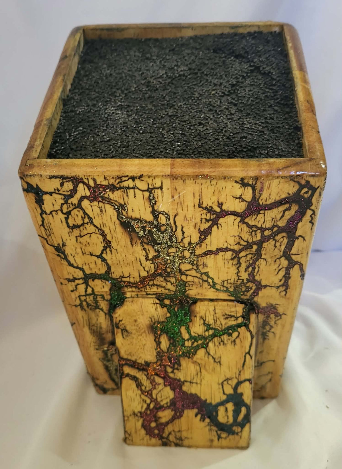 7) Bamboo Universal Fractal Burned Knife Block with Sparkling Multicolored Resin - Natural Polyurethane Finish
