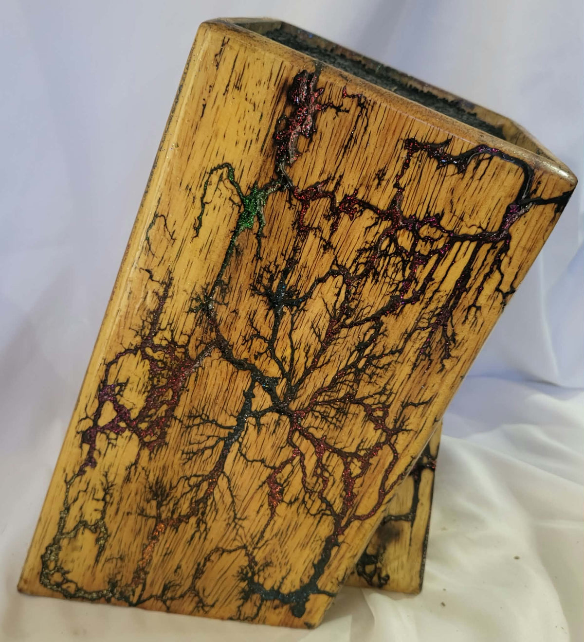 7) Bamboo Universal Fractal Burned Knife Block with Sparkling Multicolored Resin - Natural Polyurethane Finish