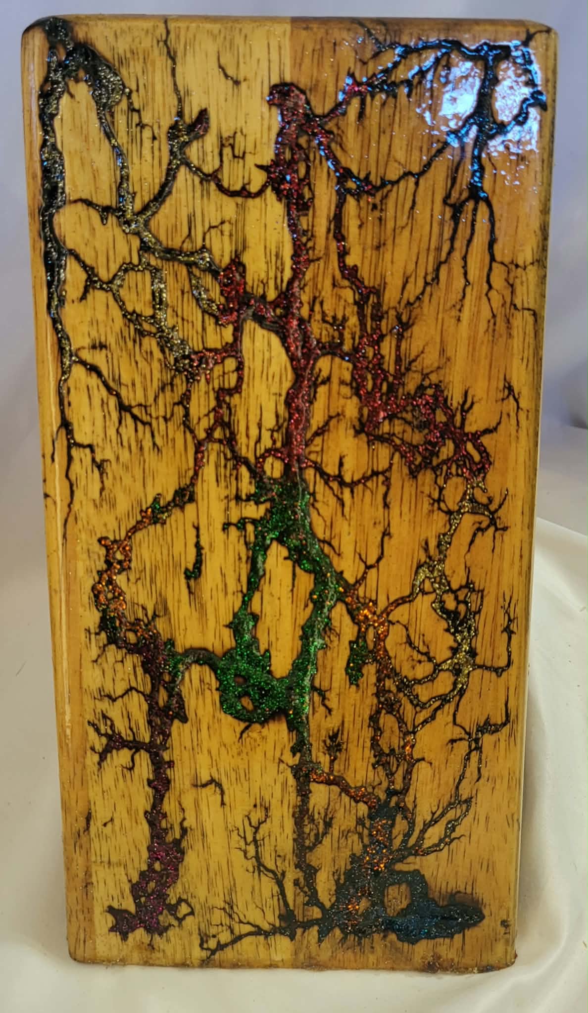 7) Bamboo Universal Fractal Burned Knife Block with Sparkling Multicolored Resin - Natural Polyurethane Finish