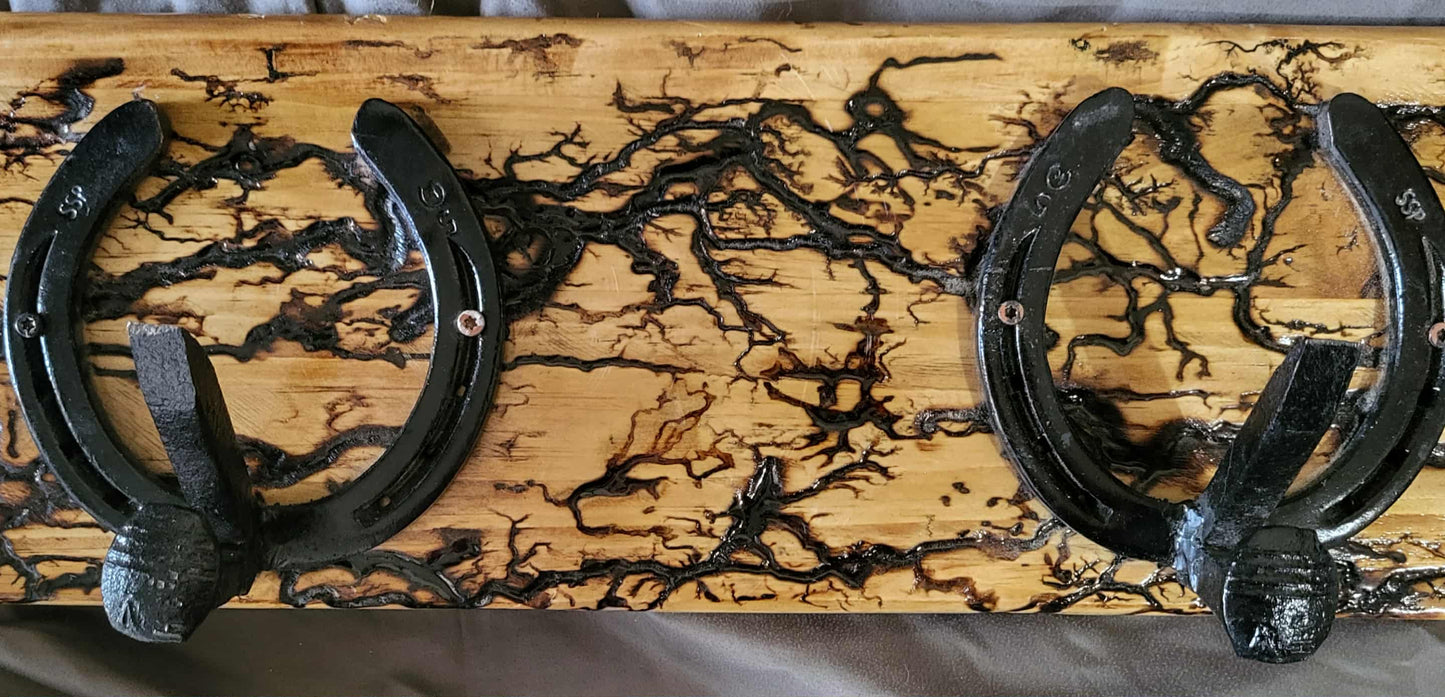 Reclaimed Horseshoe Fractal Burned Coat & Hat Rack - Decorative Cowboy Hat Rack 34"L 8"W 5"D