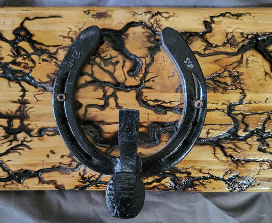 Reclaimed Horseshoe Fractal Burned Coat & Hat Rack - Decorative Cowboy Hat Rack 34"L 8"W 5"D