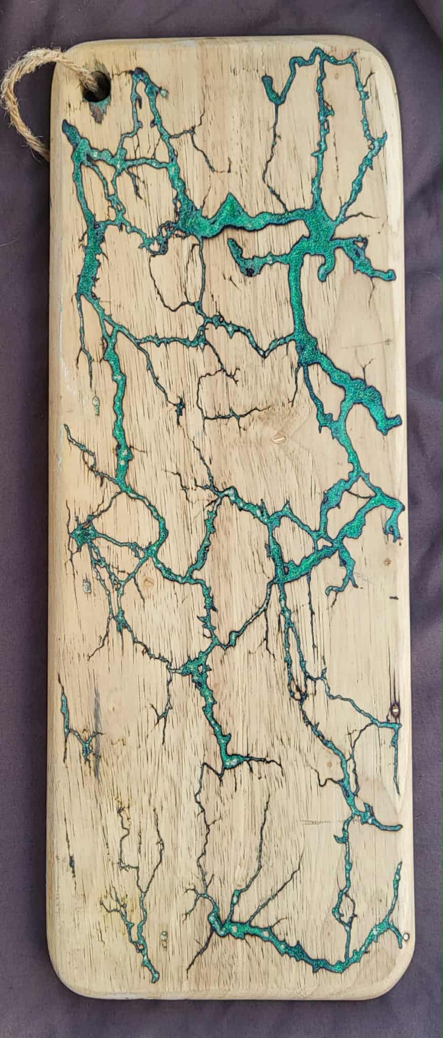 8)   20"x8" Reversible Serving / Charcuterie / Bread / Cutting Board- Sparkling Teal & Emerald Green - Fractal Burned - Food Safe