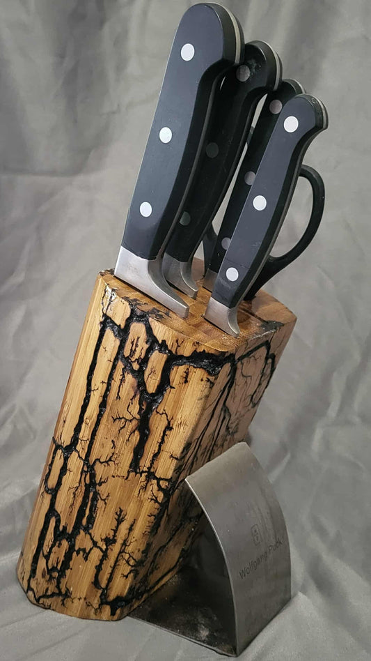 Fractal Burned Knife Block Set with Natural Polyurethane Finish