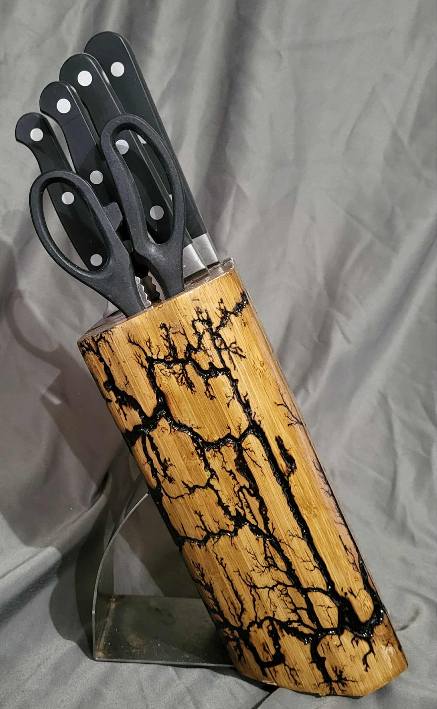 Fractal Burned Knife Block Set with Natural Polyurethane Finish