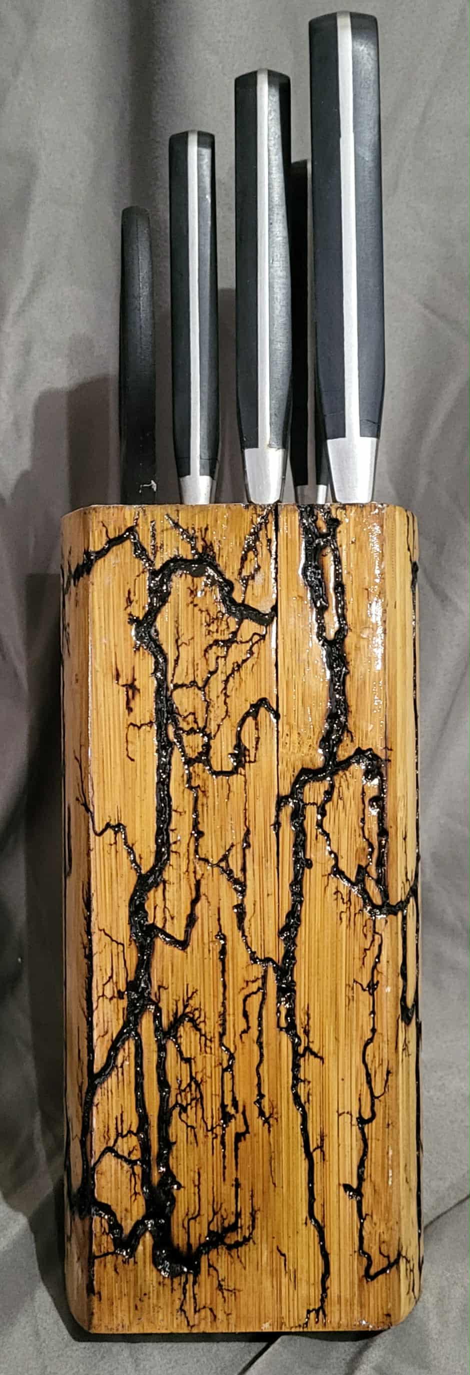Fractal Burned Knife Block Set with Natural Polyurethane Finish
