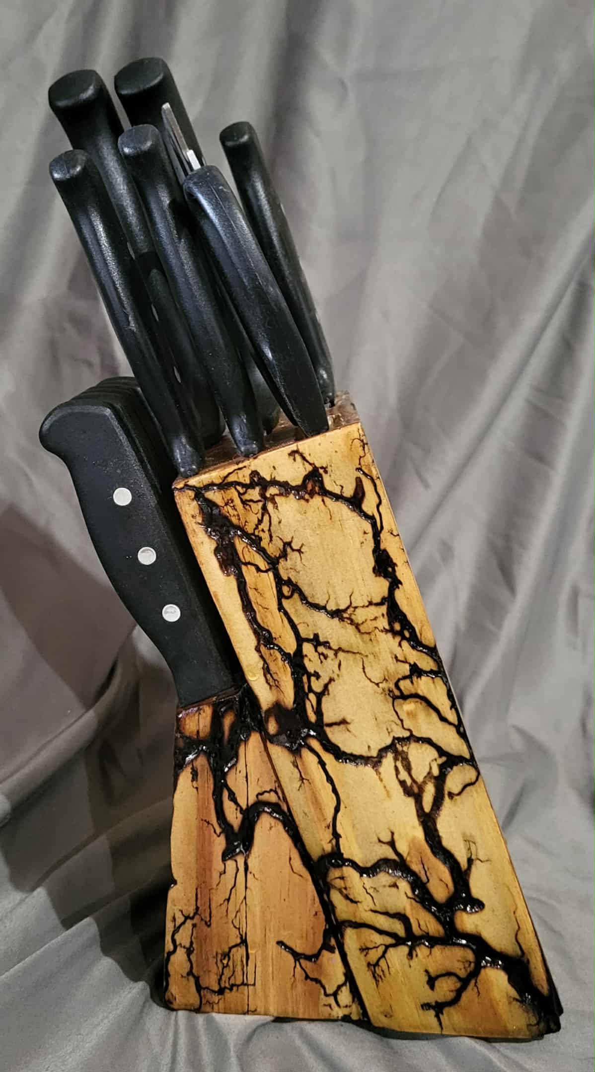 Fractal Burned Knife Block Set with Natural Polyurethane Finish