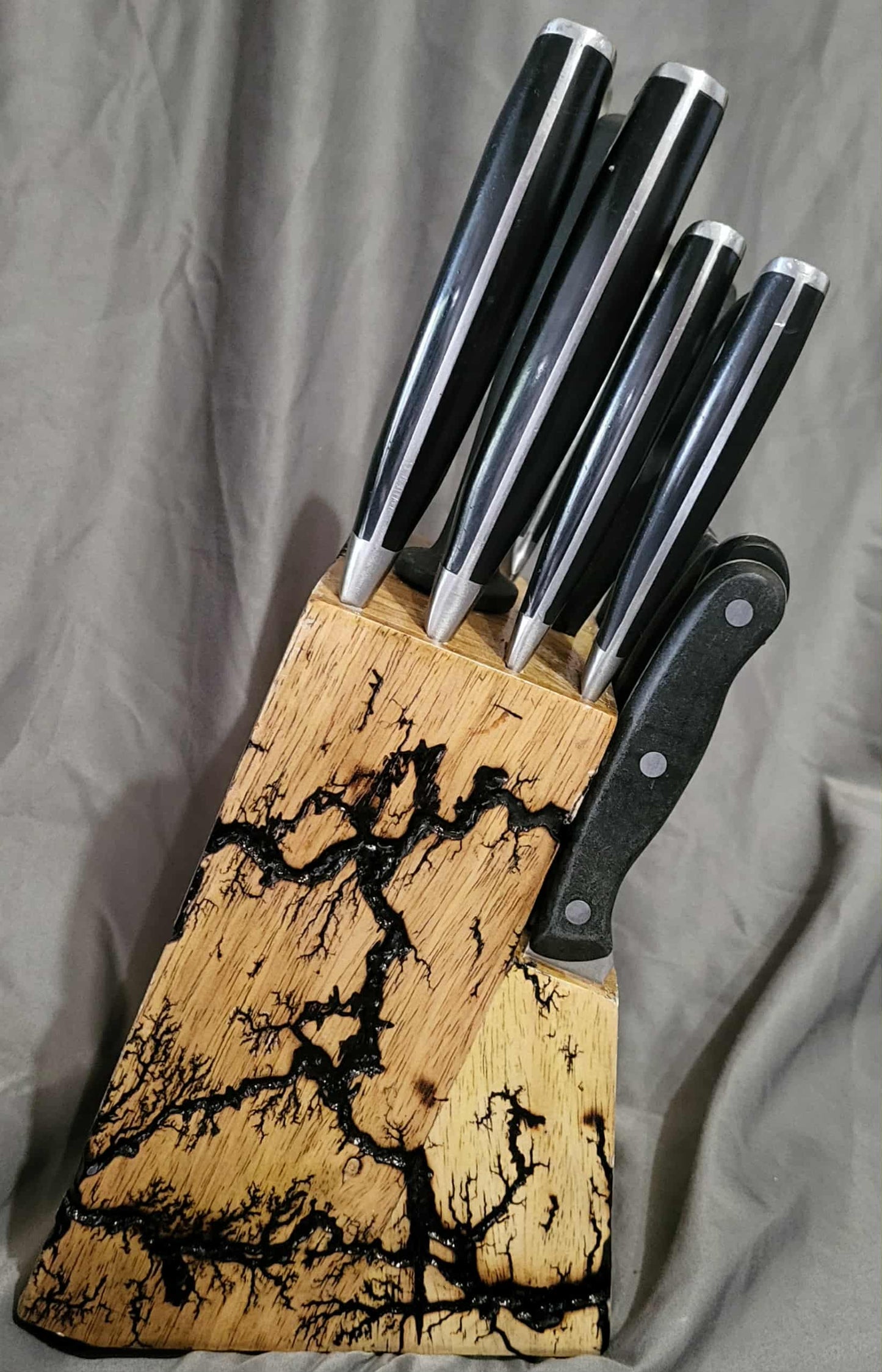 Large Fractal Burned Knife Block Set with Natural Polyurethane Finish with Sharpener