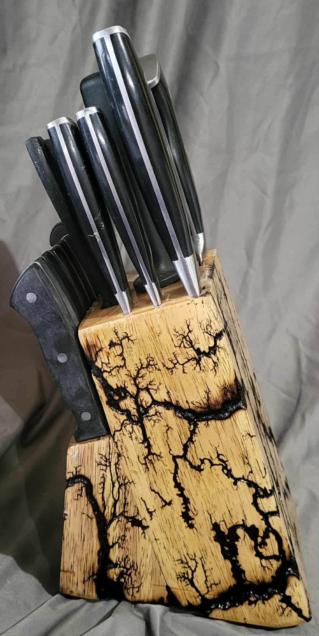 Large Fractal Burned Knife Block Set with Natural Polyurethane Finish with Sharpener