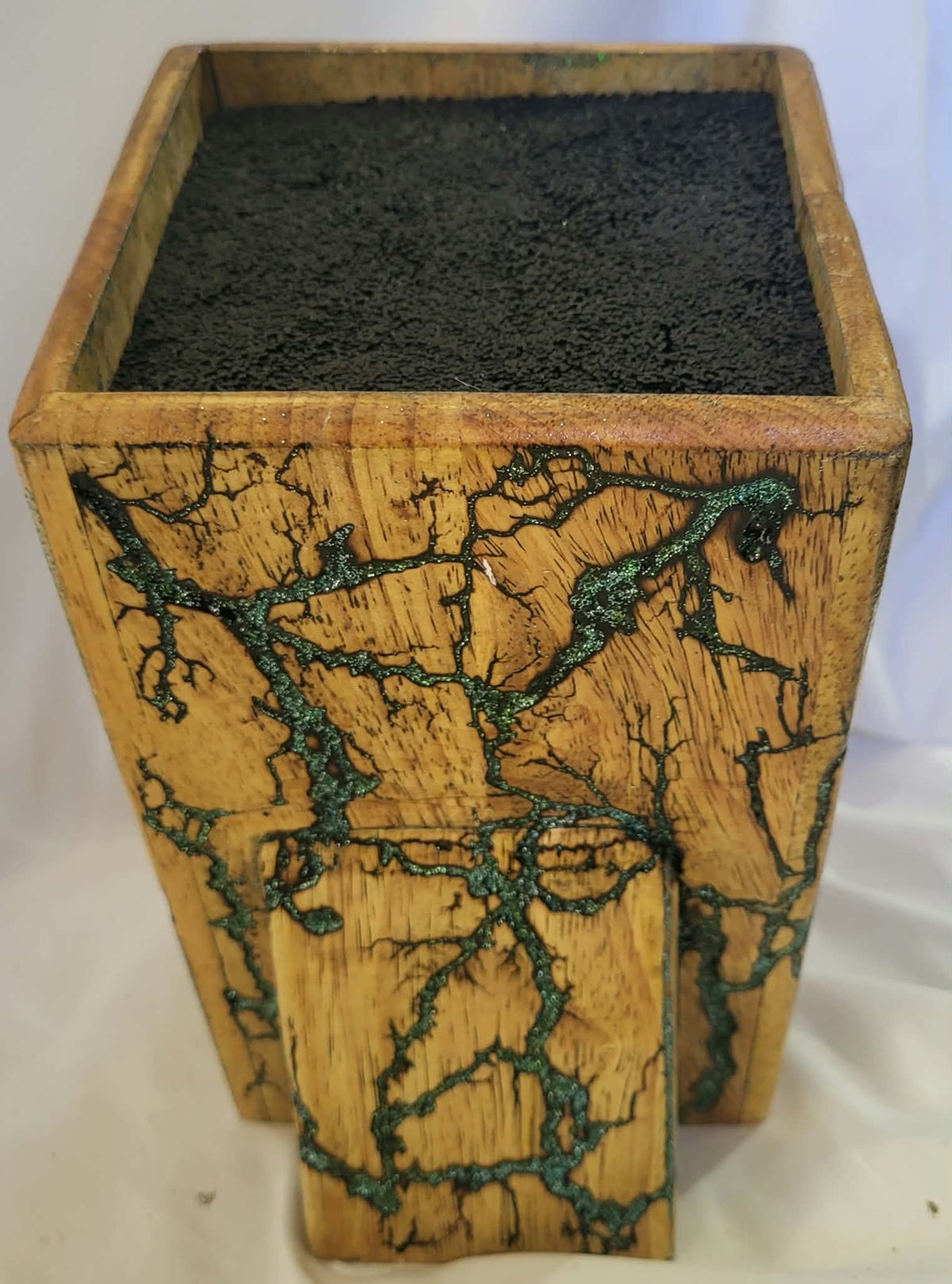 9) Bamboo Universal Fractal Burned Knife Block with Sparkling Ice Blue Resin - Natural Polyurethane Finish