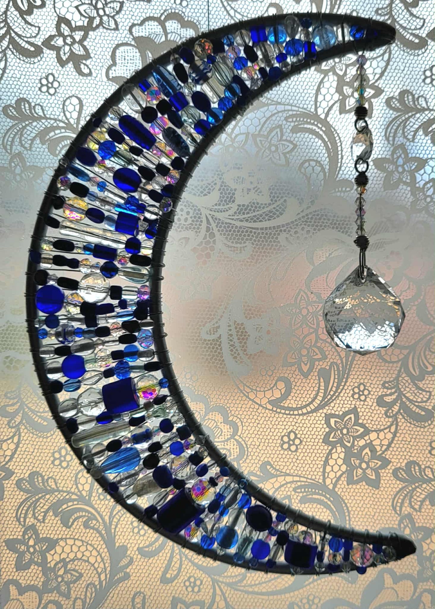 Celestial Crystal Blue Moon Suncatcher / Mooncatcher with Hanging Prism (Star), Garden Art, Yard Decor, Window Art
