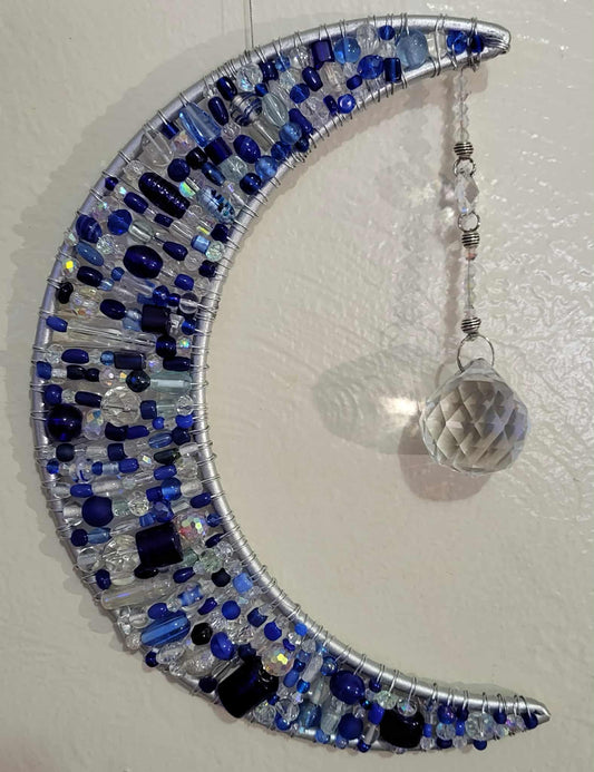 Celestial Crystal Blue Moon Suncatcher / Mooncatcher with Hanging Prism (Star), Garden Art, Yard Decor, Window Art