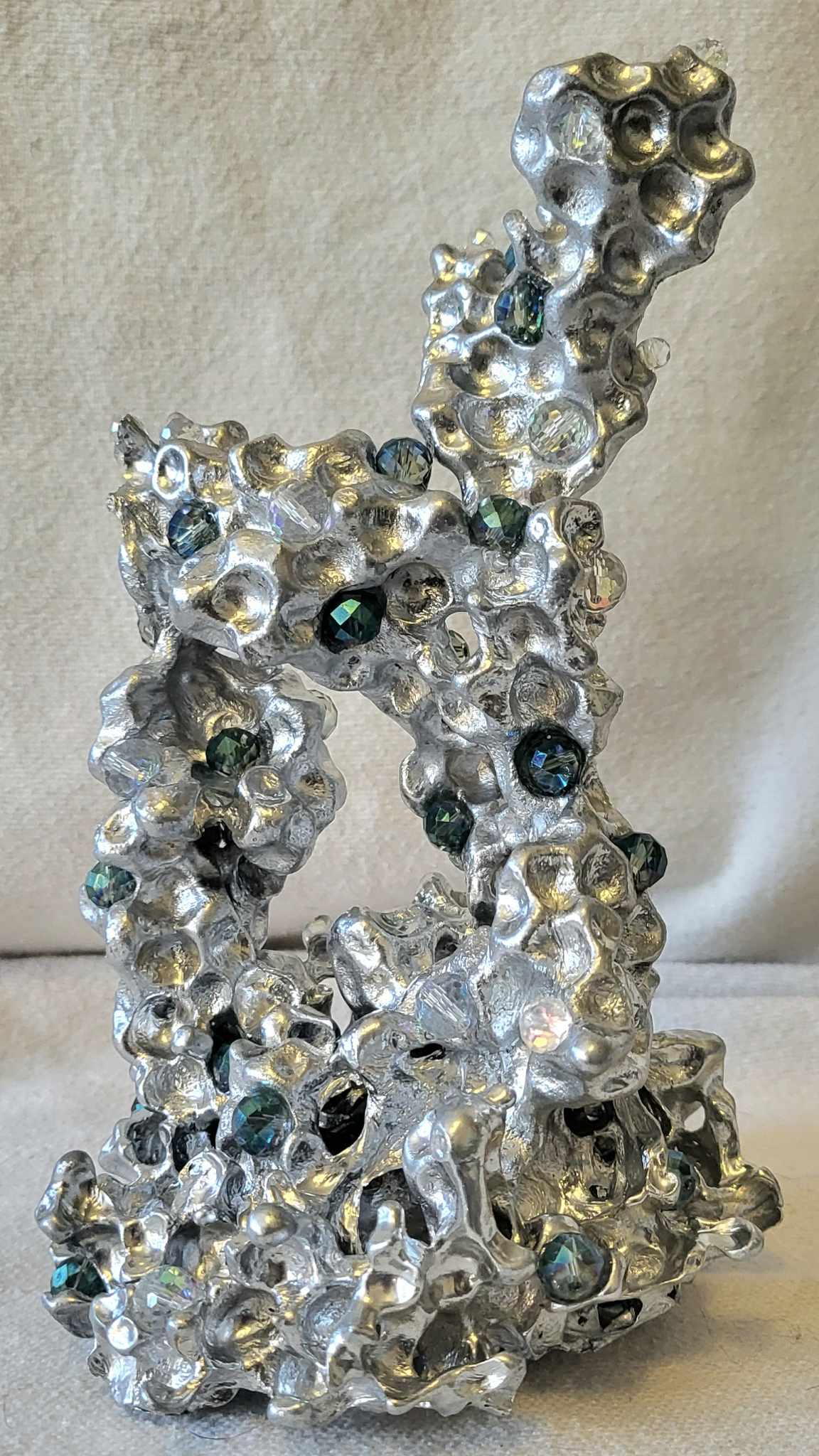 Unique Aluminum Sculpture - Aluminum Casting with Green & Clear Crystal - Coral - Orbeez Art