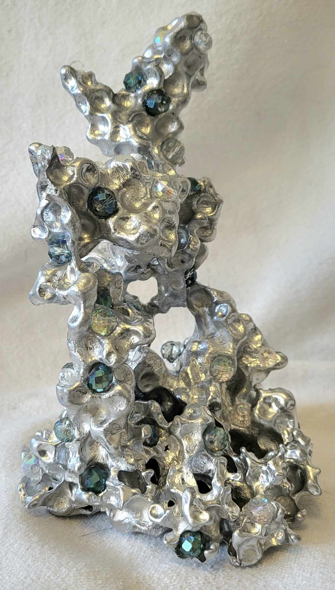 Unique Aluminum Sculpture - Aluminum Casting with Green & Clear Crystal - Coral - Orbeez Art