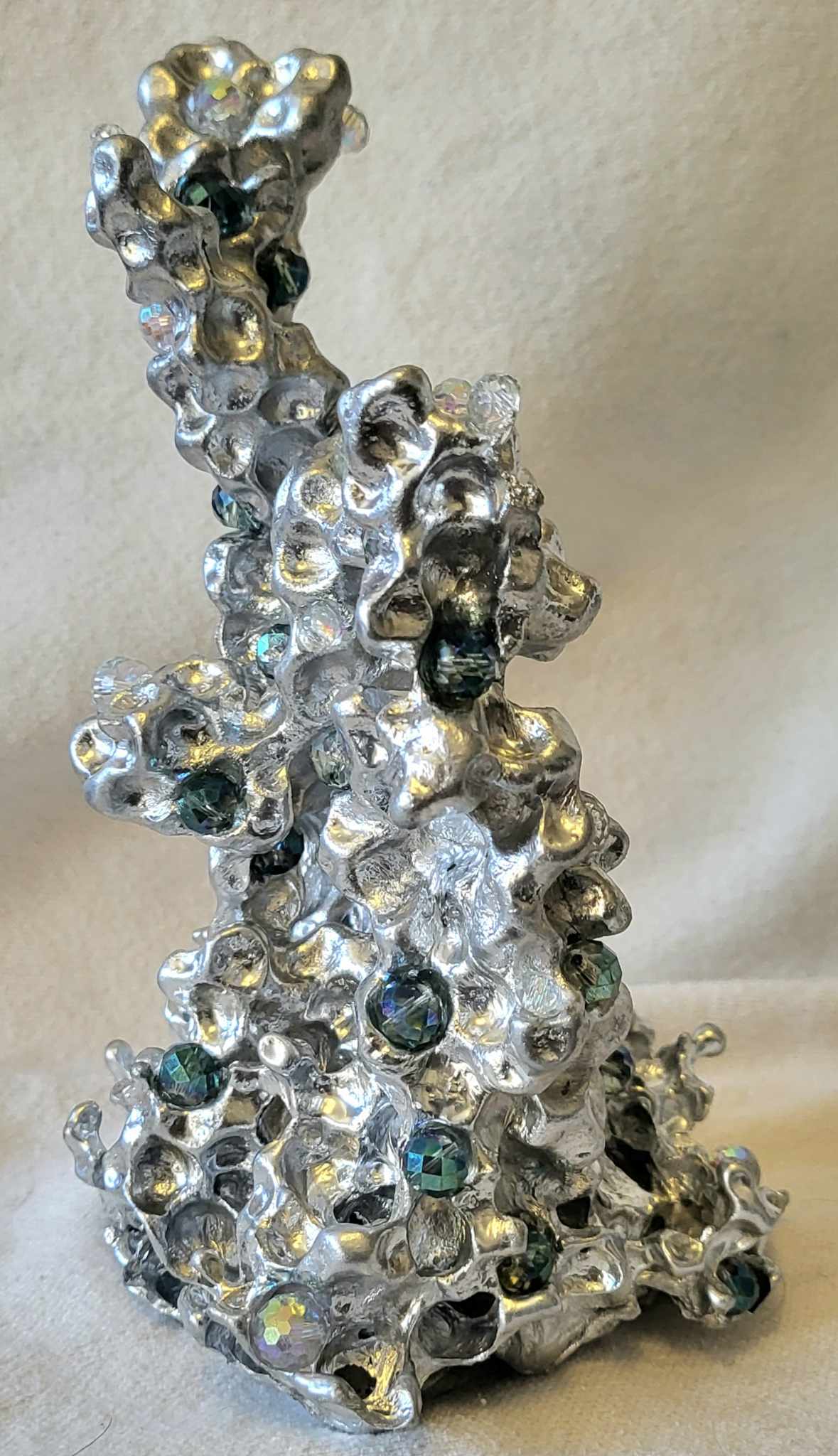 Unique Aluminum Sculpture - Aluminum Casting with Green & Clear Crystal - Coral - Orbeez Art