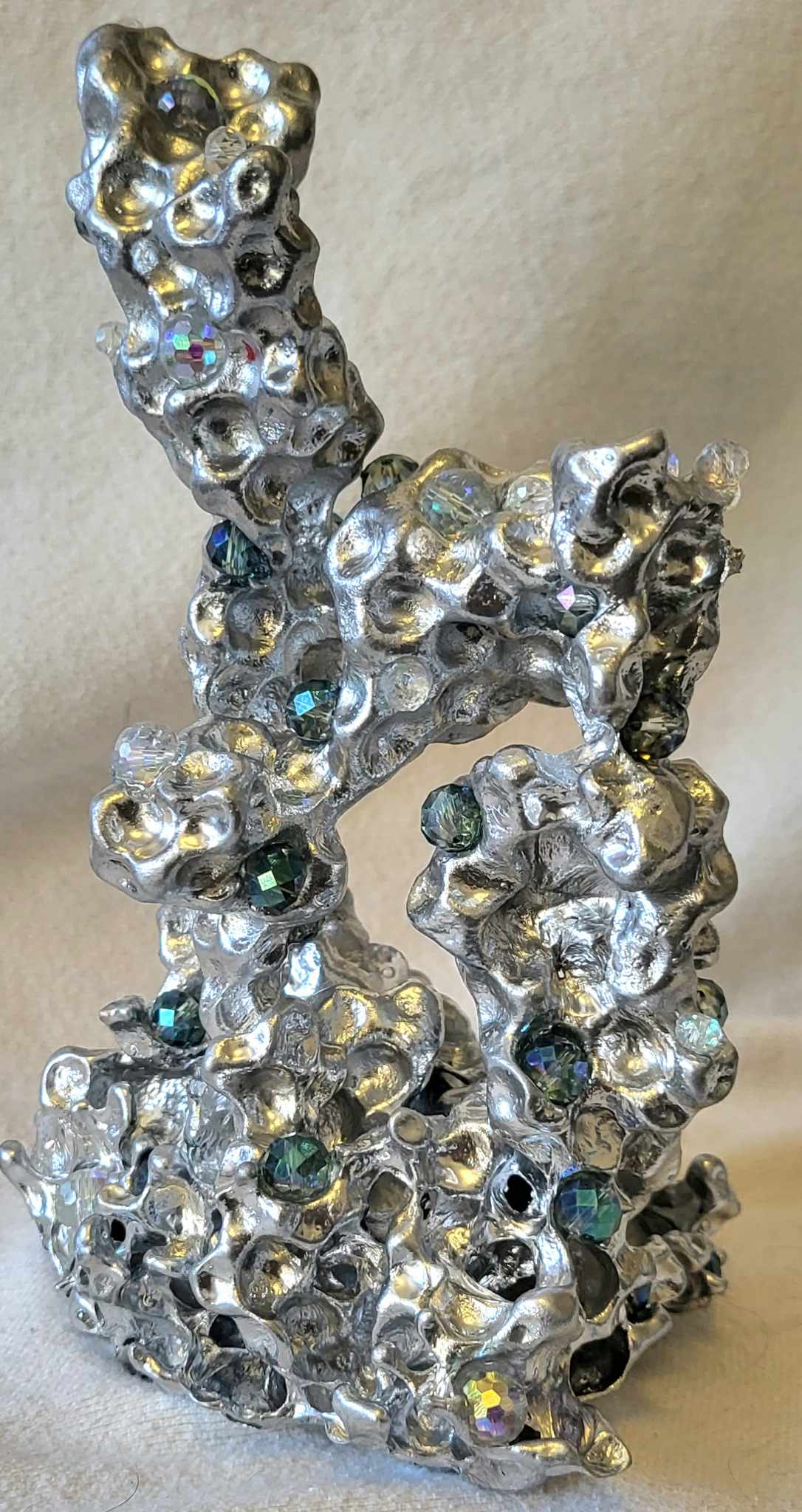 Unique Aluminum Sculpture - Aluminum Casting with Green & Clear Crystal - Coral - Orbeez Art