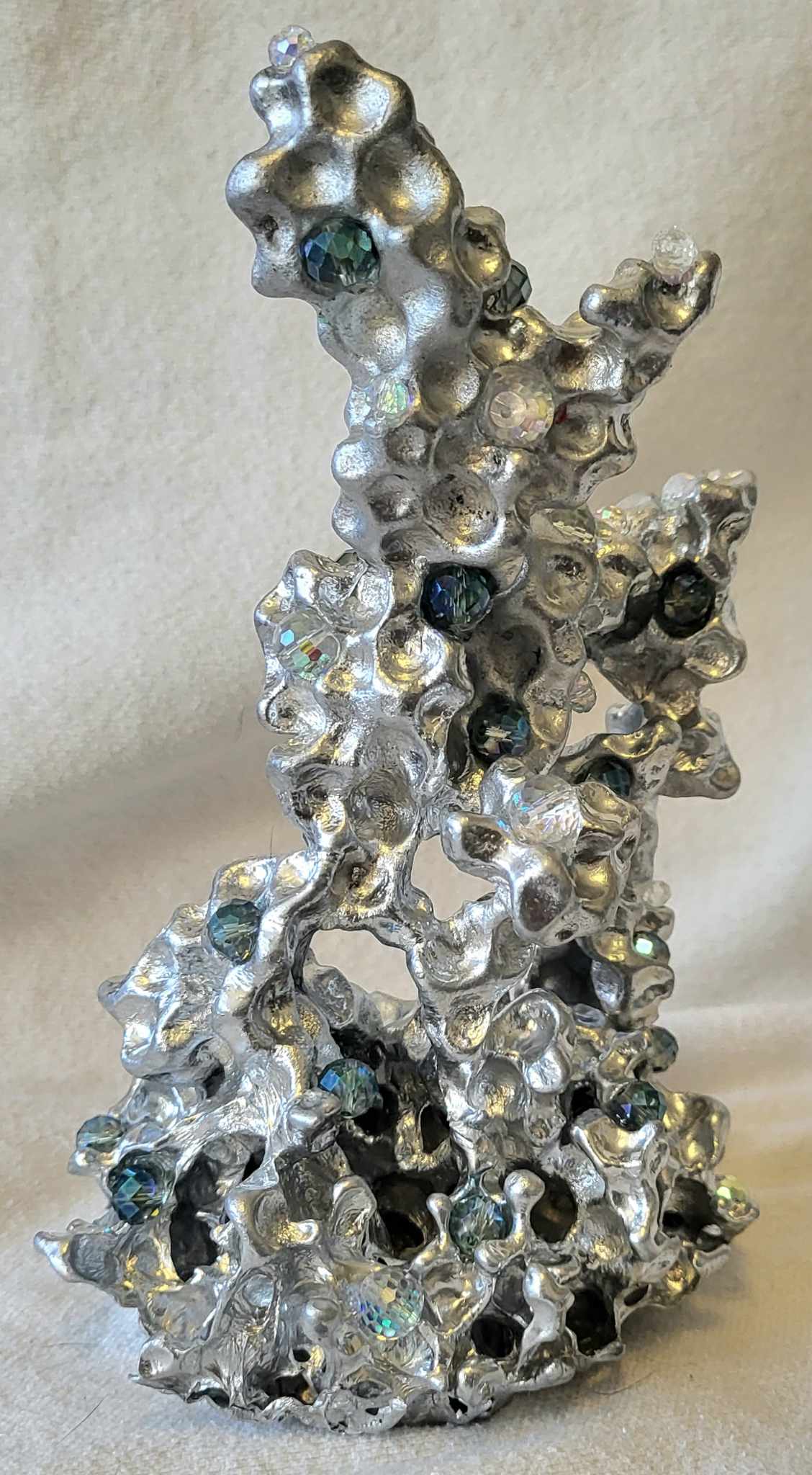 Unique Aluminum Sculpture - Aluminum Casting with Green & Clear Crystal - Coral - Orbeez Art