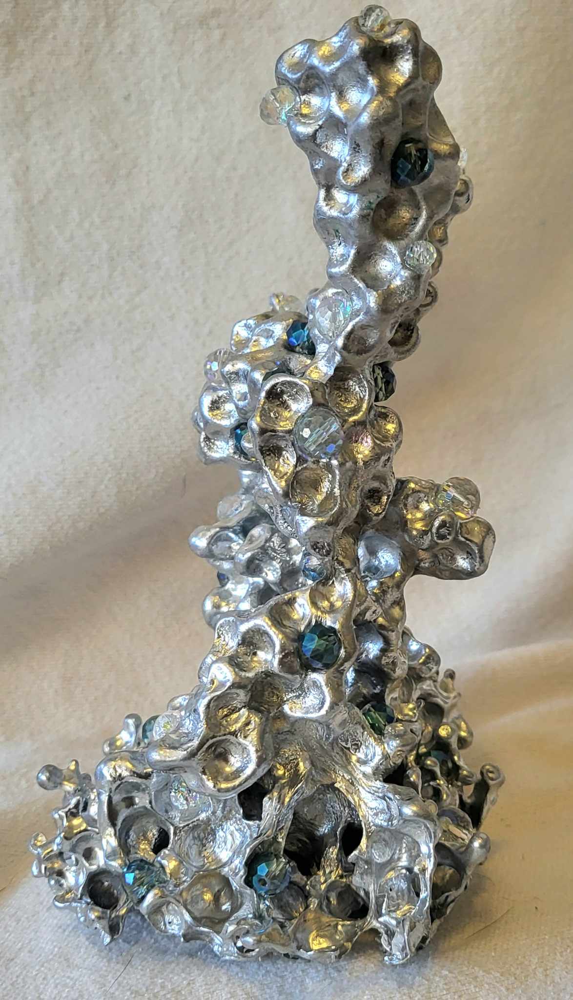 Unique Aluminum Sculpture - Aluminum Casting with Green & Clear Crystal - Coral - Orbeez Art