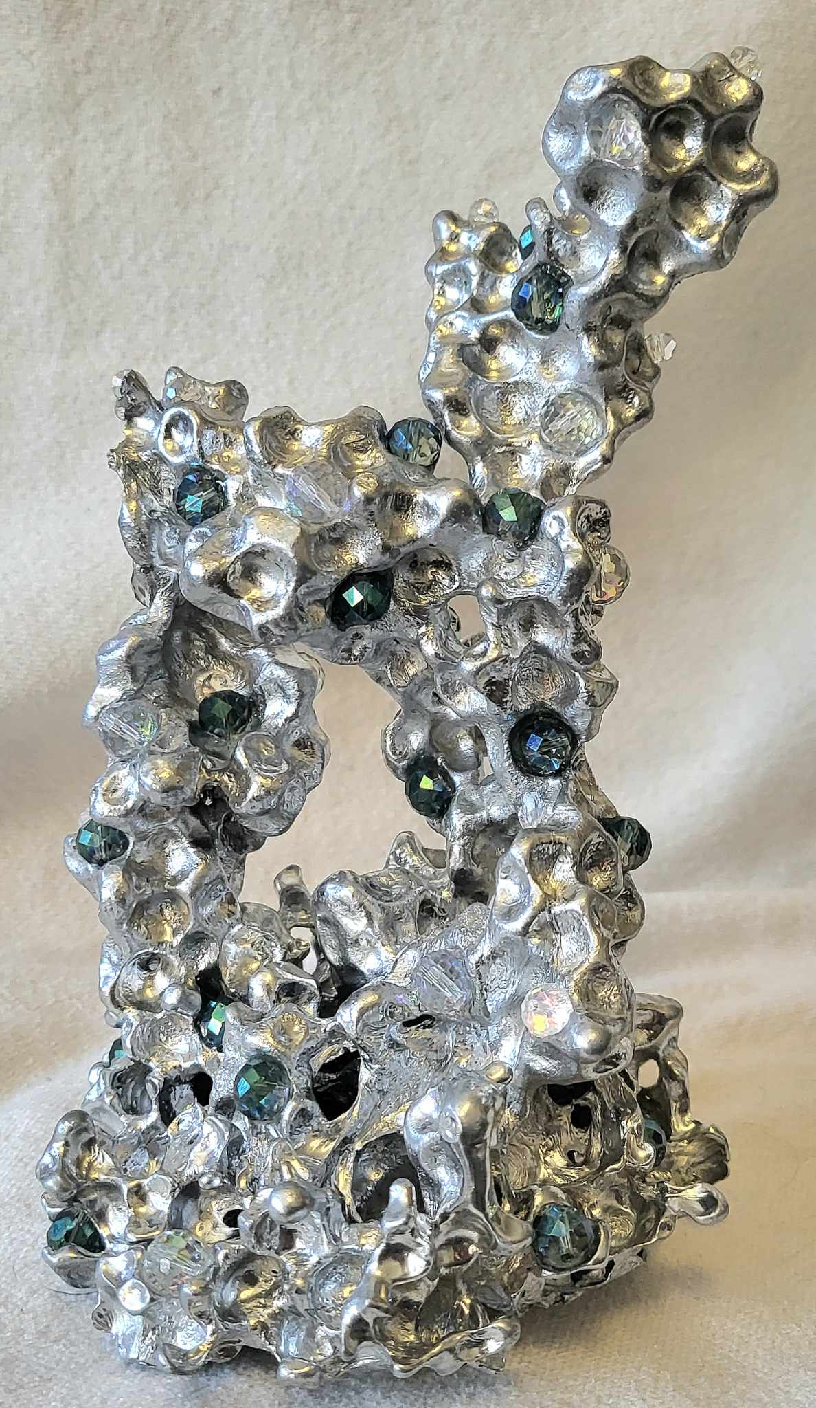 Unique Aluminum Sculpture - Aluminum Casting with Green & Clear Crystal - Coral - Orbeez Art